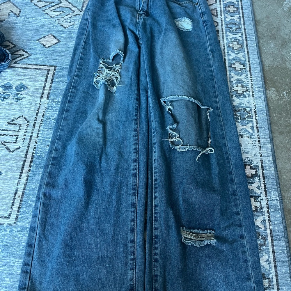 SHEIN Distressed Wide Leg Jeans in Deep Blue